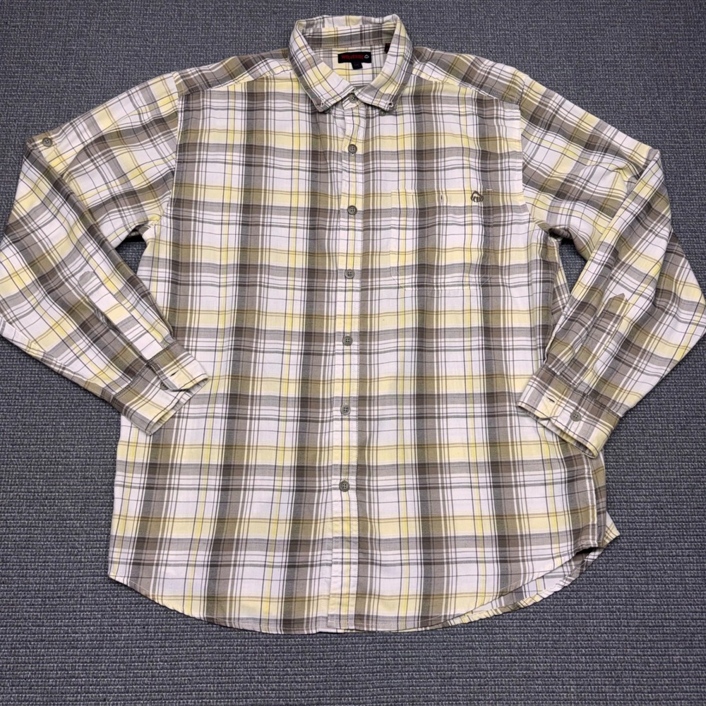 Wolverine Mens Large Plaid Button Down Shirt Yellow Brown Roll Tab‎ Sleeve 9282